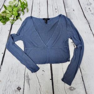 Forever 21 Women's Top V-Neck Long Sleeve Blue Size Medium